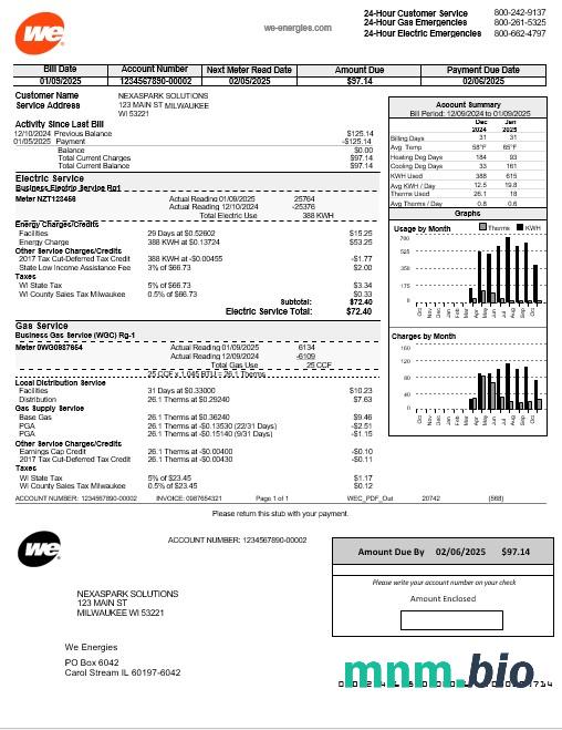 USA Wisconsin we Energies electricity rachunek za usługi komunalne szablon w formatach Word i PDF